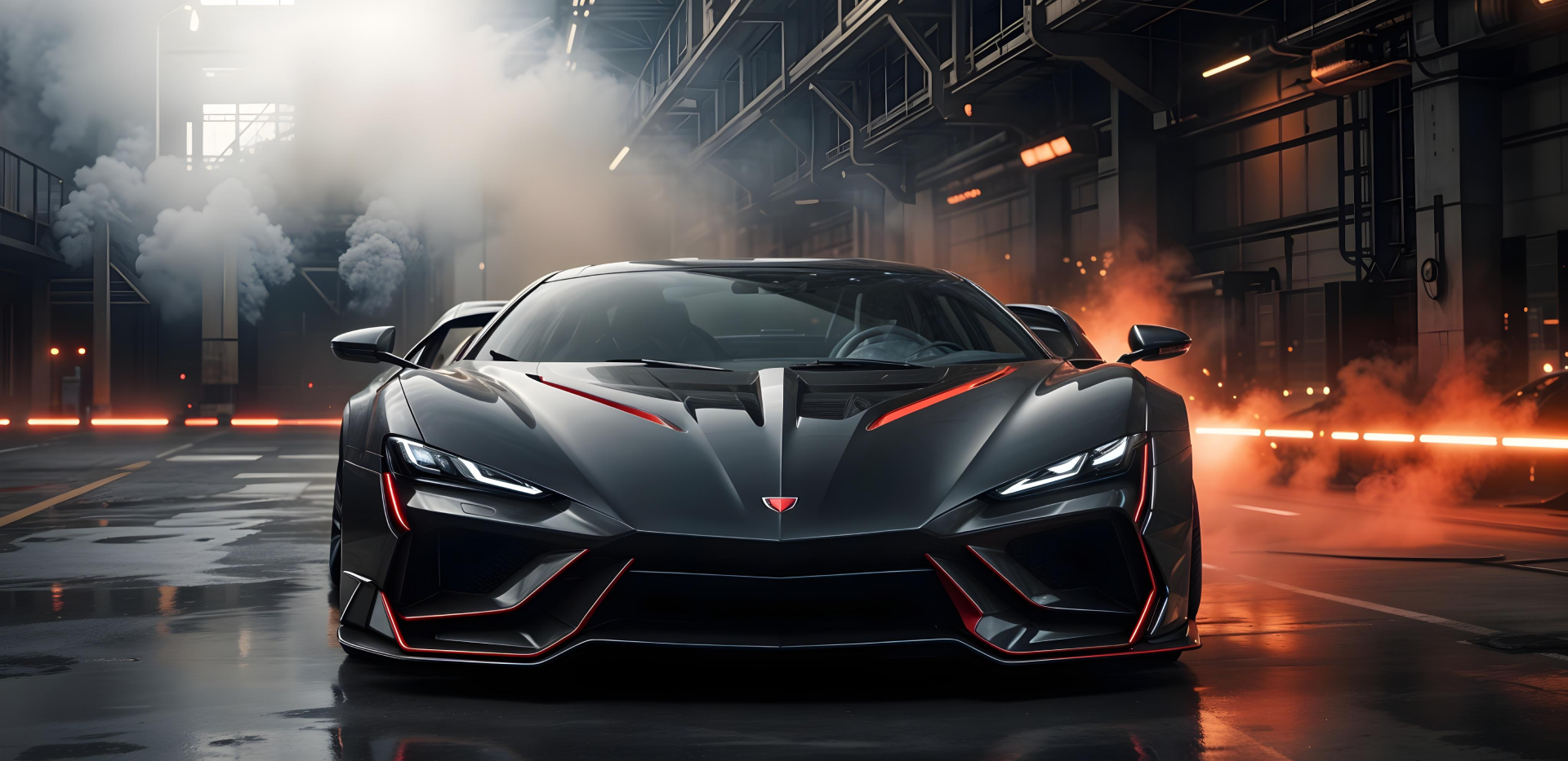 Ein KI generiertes Bild mit einem stehendem Lamborghini in der Halle